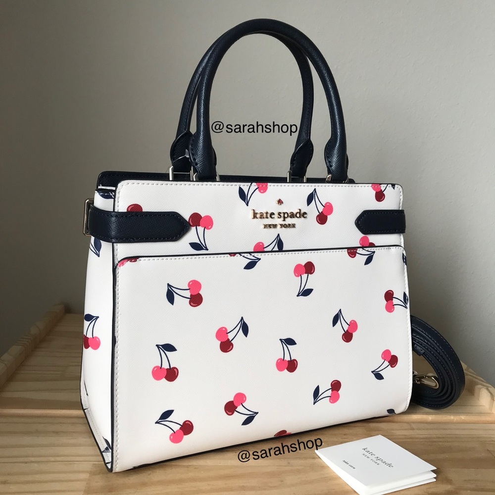 kate spade White Cherry Print Satchel with Navy Trim